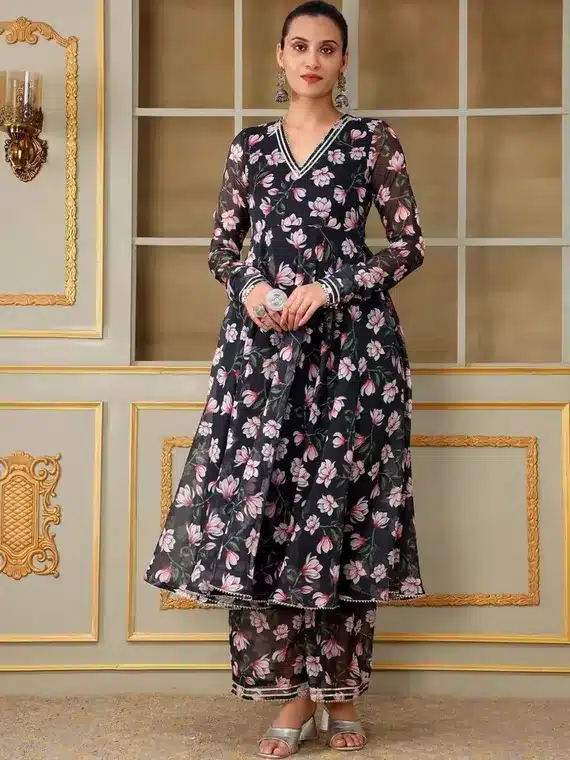Elegant Floral Printed Anarkali Kurta Set with Palazzo – Party & Festive Wear