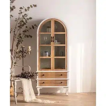 Vintage Arched Glass Door Display Cabinet with Storage Drawers – Wooden Curio & Crockery Organizer Cabinet