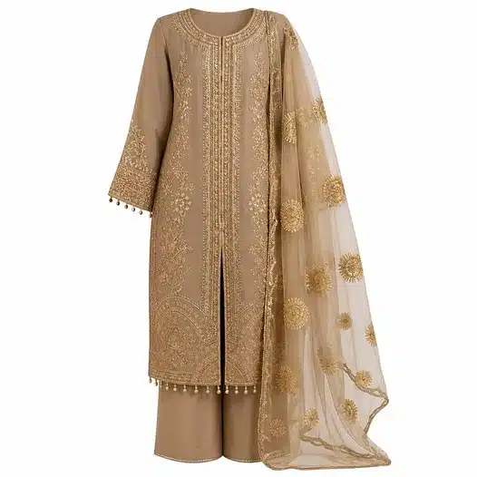 Elegant Beige Embroidered Kurta Set with Dupatta