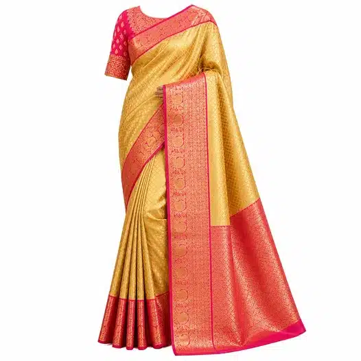 Royal Gold Silk Saree with Pink Zari Border