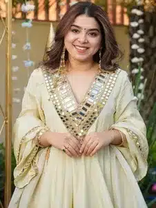 Designer Ivory Ethnic Sarara Suit with Detailed Mirror Work