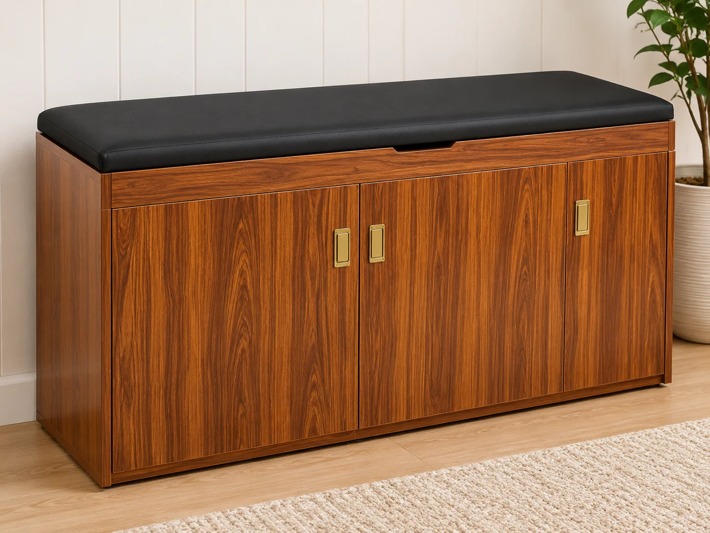 Wooden Storage Bench Cabinet with Cushioned Seat