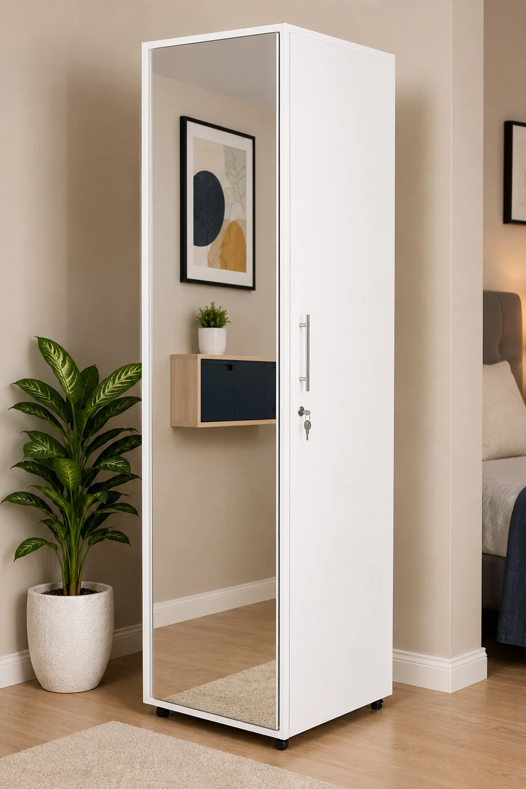 Modern Wooden Wardrobe Cabinet with Full-Length Mirror