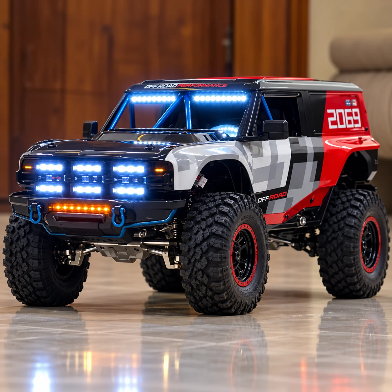 Black & Red Off-Road RC Truck with Dual LED Light Bars