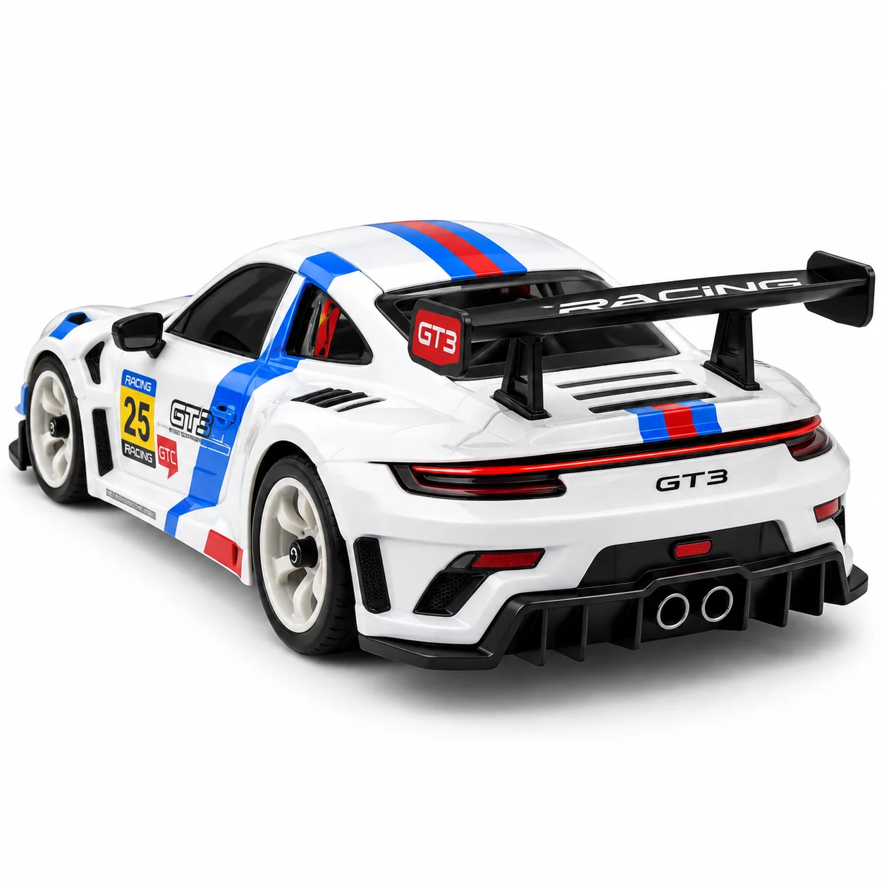 White Racing RC Sports Car with Stripes, Spoiler & Remote Control